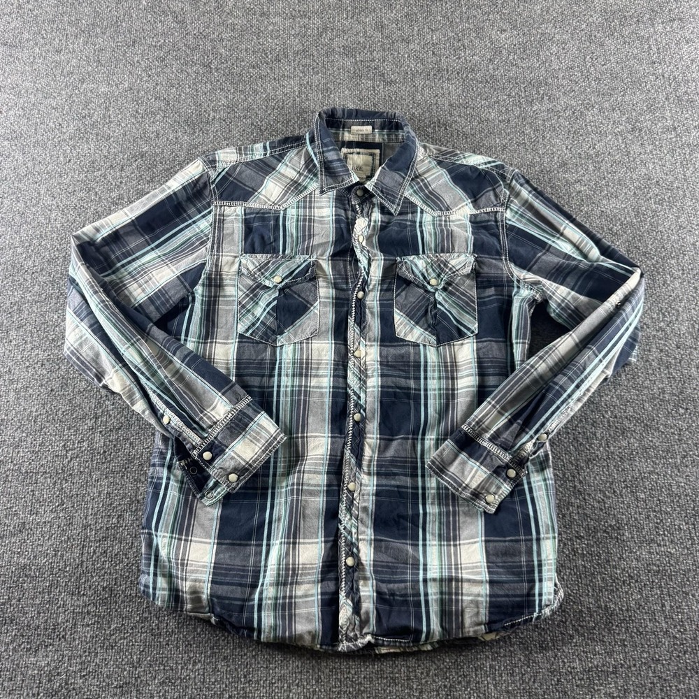 BKE Shirt Mens M Blue Plaid Long Sleeve Snap Button Western Athletic Fit Pockets